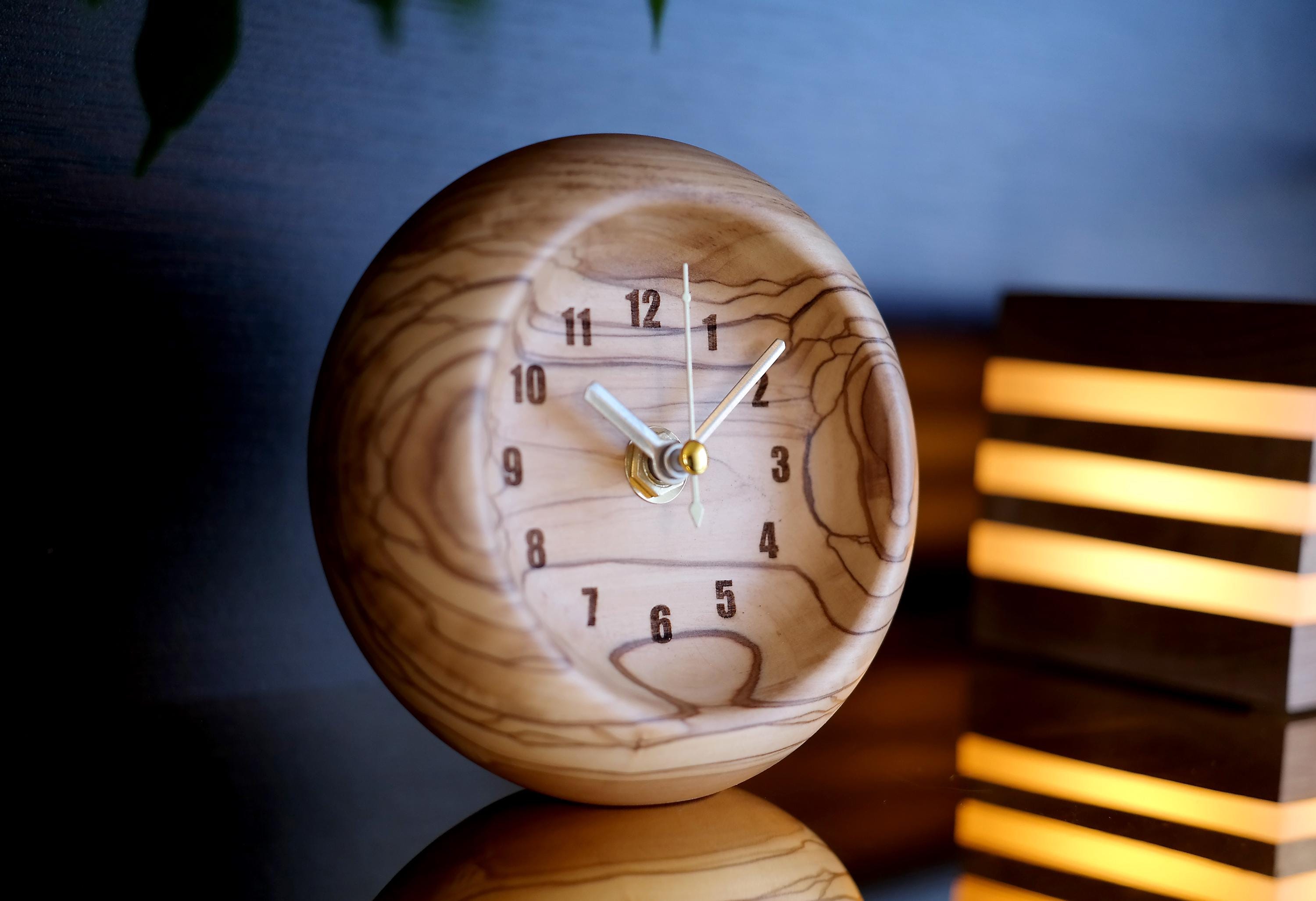 Handmade Olive Wood Desk Clock – Unique Natural Wooden Timepiece – Modern Rustic Office Decor