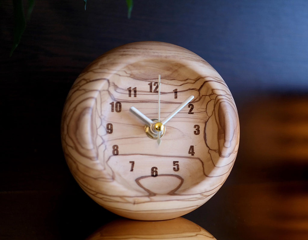 Handmade Olive Wood Desk Clock – Unique Natural Wooden Timepiece – Modern Rustic Office Decor