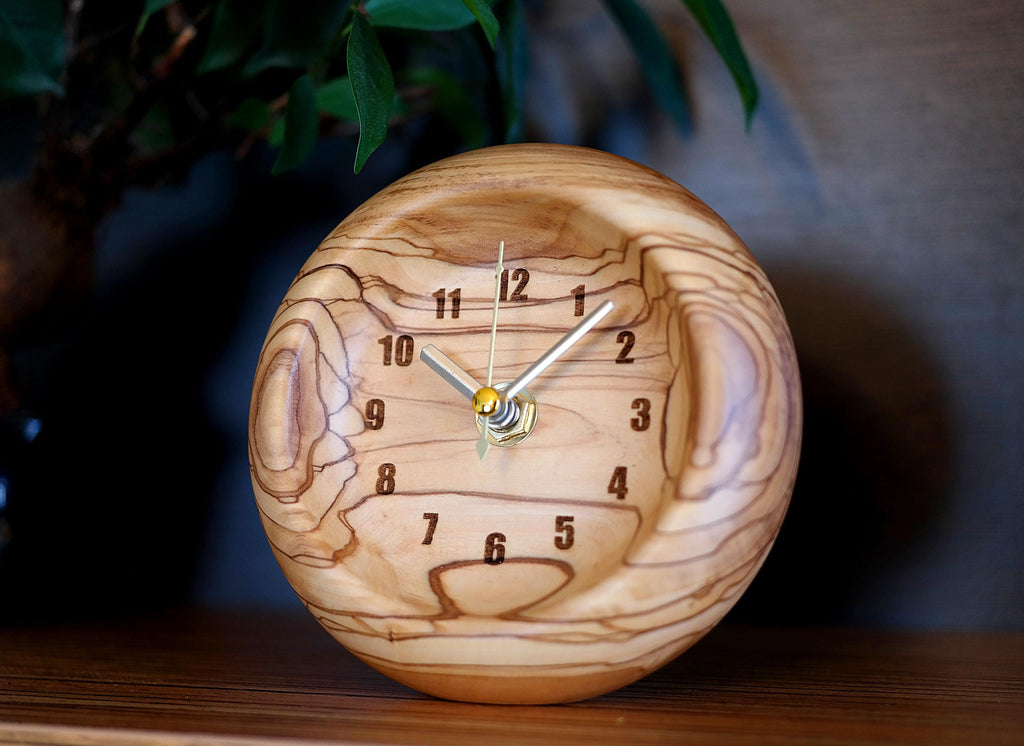 Handmade Olive Wood Desk Clock – Unique Natural Wooden Timepiece – Modern Rustic Office Decor