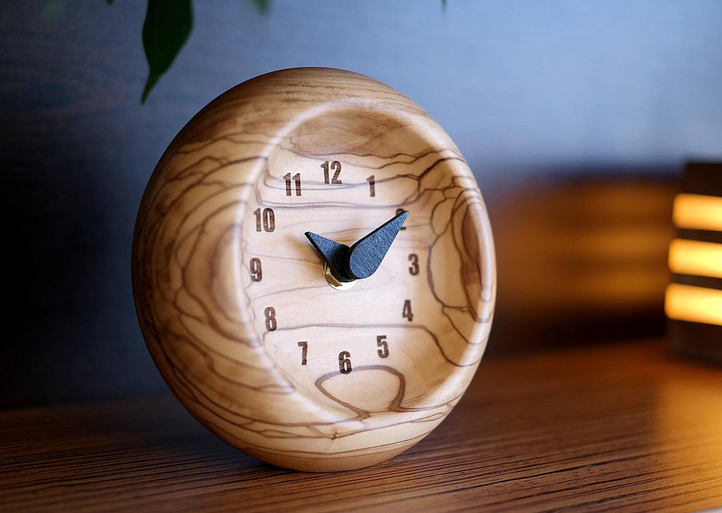 Handmade Olive Wood Desk Clock – Unique Natural Wooden Timepiece – Modern Rustic Office Decor