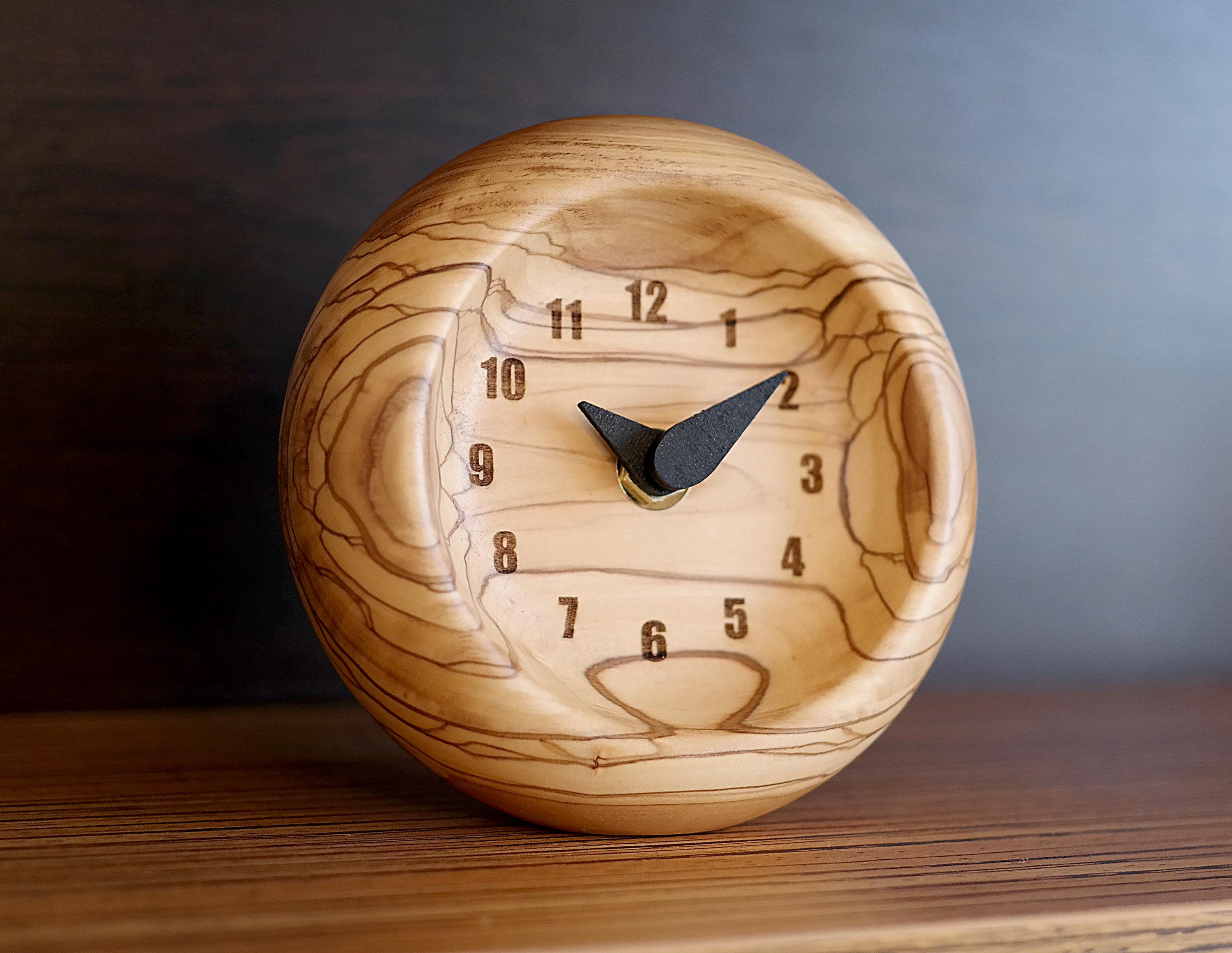 Handmade Olive Wood Desk Clock – Unique Natural Wooden Timepiece – Modern Rustic Office Decor
