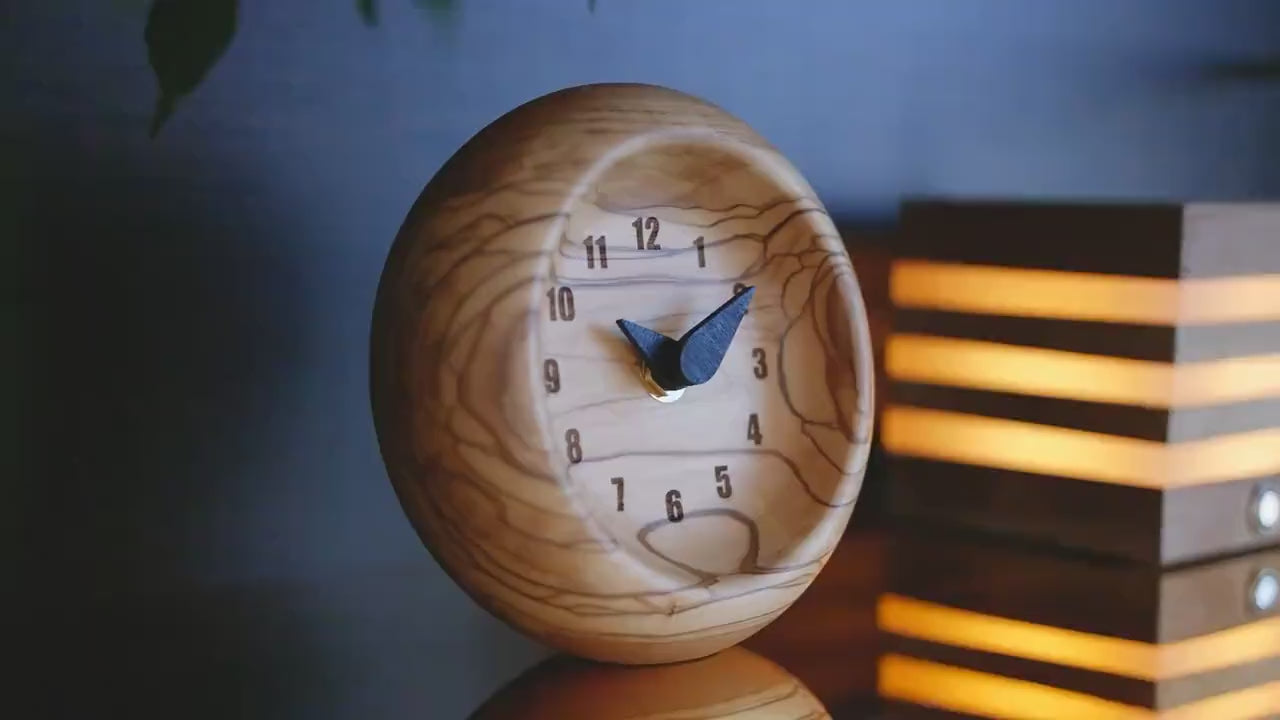 Handmade Olive Wood Desk Clock – Unique Natural Wooden Timepiece – Modern Rustic Office Decor
